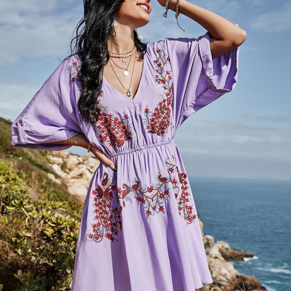 lilac floral print embroidered v neck spring dress - Picture 8 of 8